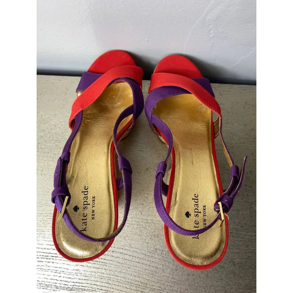 KATE SPADE SANDALS 10 PENNY PLATFORM CHUNKY CORK WEDGE HEELS STRAPPY RED PURPLE